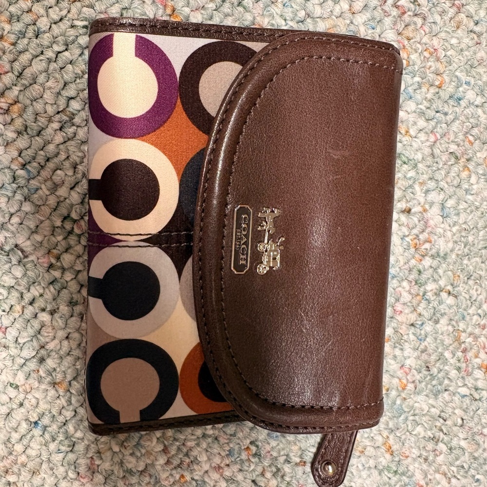 Coach Brown Leather Wallet with Colorful Circles